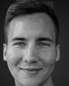 Marko Stokić, smiling, black and white portrait